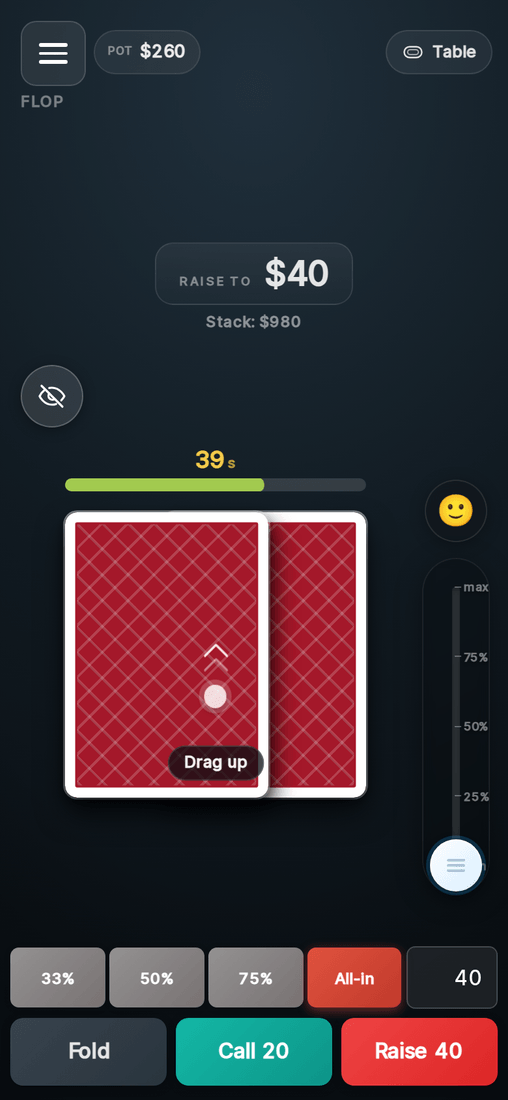 Action buttons and the bet slider on a phone