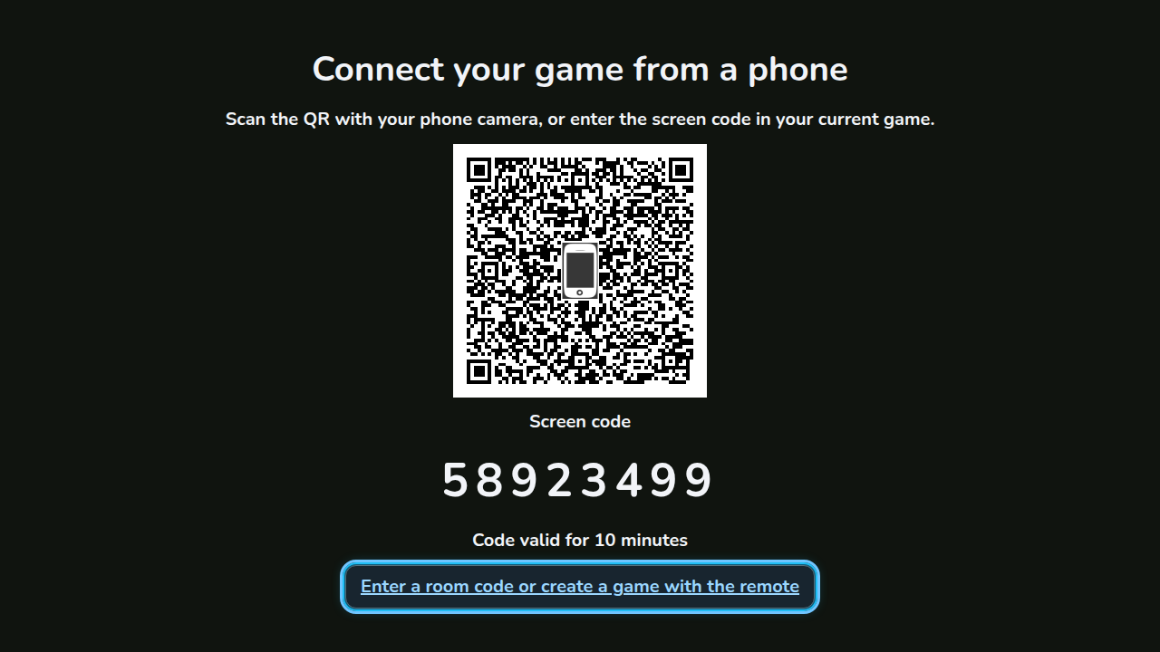 TV welcome screen with a pairing QR and eight-digit screen code